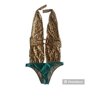 Designer One Piece Monokini Snake Print Swimsuit with Gold Snake Hardware Detail